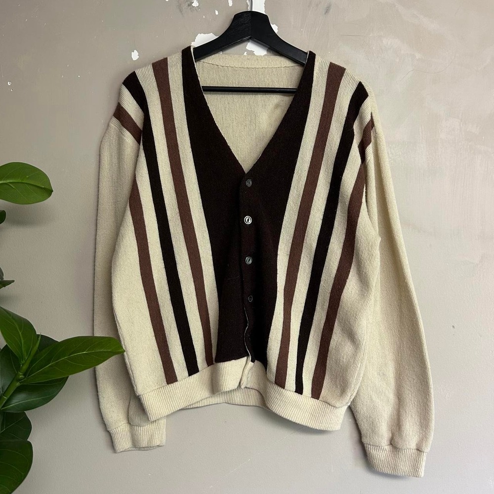 Vintage Brent Montgomery Ward Brown Cream Striped Knit Cardigan Sweater Mens S